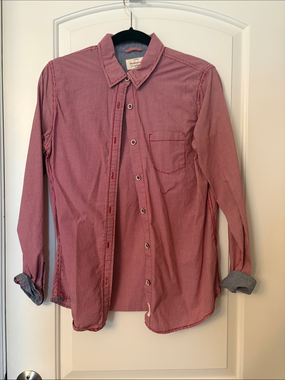 Womens Red Long-Sleeve Button-Up Shirt